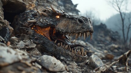 Fototapeta premium Majestic Dragon Emerging from Rocky Cave in Barren Landscape