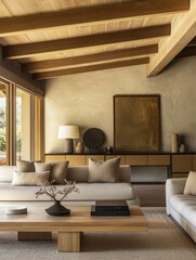 Fototapeta premium The image shows a modern living space with wood elements