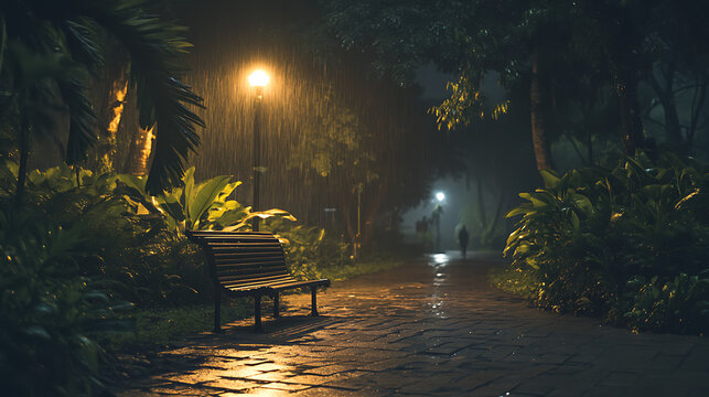 Tranquil Rain-Soaked Park Path at Night ,A peaceful park path at night, drenched in rain.