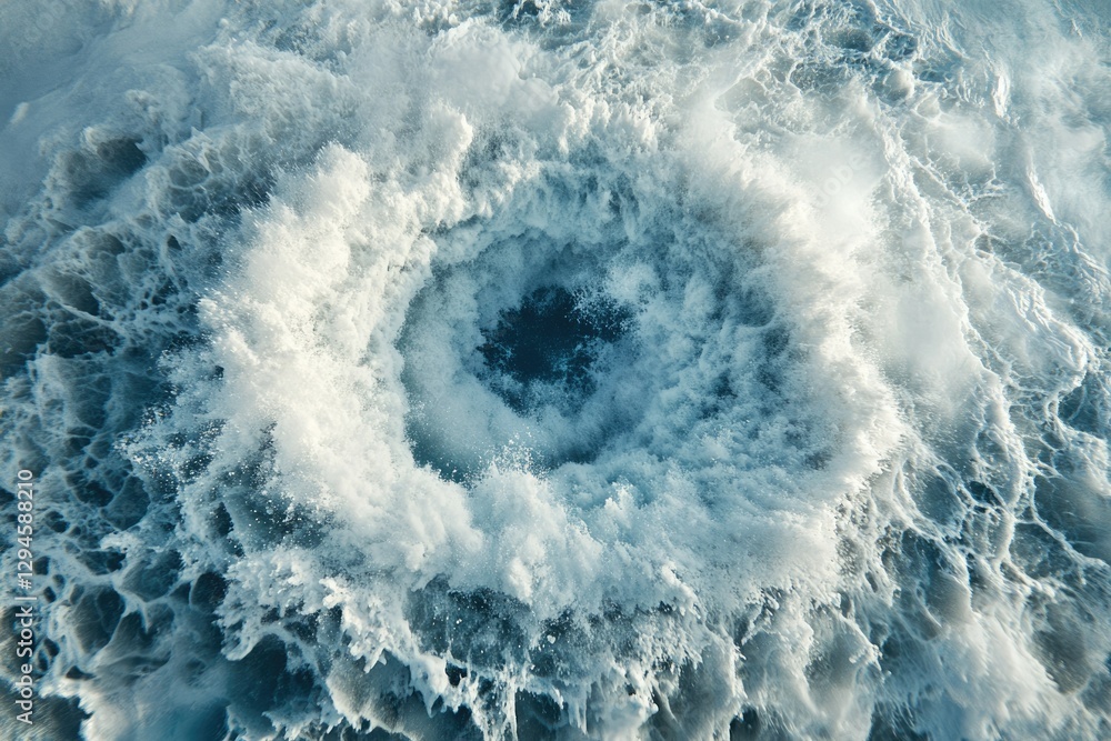 Poster a mesmerizing aerial view of ocean waves creating a circular pattern with a dark center, showing the