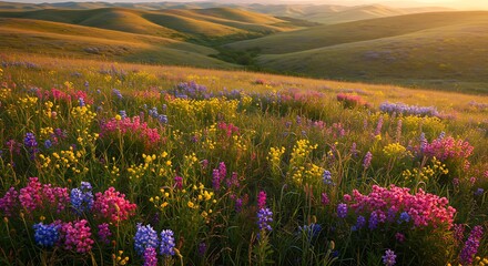 Obraz premium Rolling Hills Landscape with Wildflowers Blooming at Sunset, Golden Hour