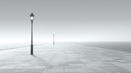 Foggy city path, two lamps, vanishing point, moody, atmospheric, design