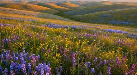 Rolling Hills Meadow with Wildflowers and Golden Light, Spring Landscape