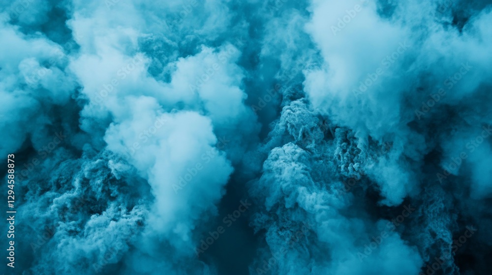 Poster soft blue clouds merge and flow gracefully, creating a mystical atmosphere over the calm sea as twil