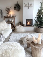 The cozy living room decorated for winter with warm lighting