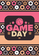 Obraz premium Game Day. Basketball football playoff in March. Super sport party in United States. Final games of season tournament. Professional team championship. Ball for basketball. Sport poster. Vector