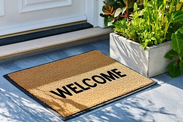 Door mat in front of entrance door on floor outdoors. Brown natural coir door mat with word Welcome near white wooden door and potted plants