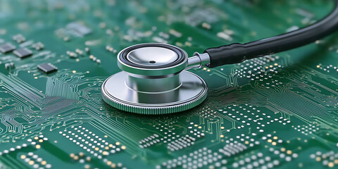 Tech Health Check: Stethoscope resting on a complex green circuit board, symbolizing the importance of diagnosing and maintaining technology.