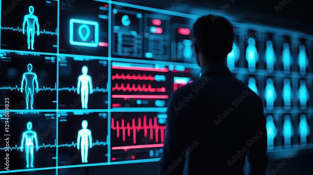 Aufkleber a silhouette of a person stands before a high-tech display filled with health data and visualization