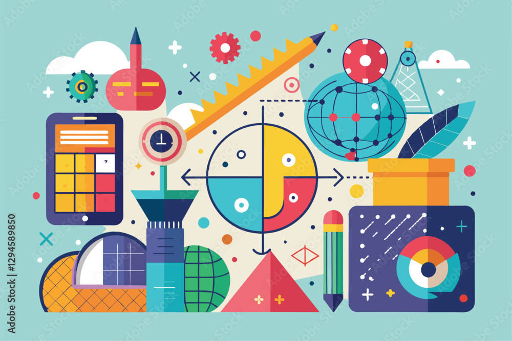 Poster colorful graphics depict various mathematics concepts with customizable disproportionate elements an