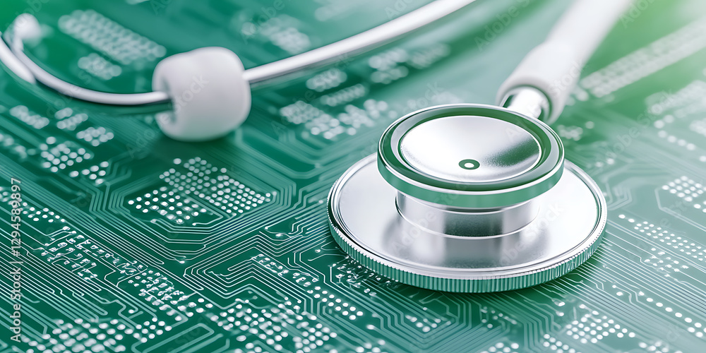 Poster digital healthcare concept with stethoscope on a circuit board. medicine and technology intersection