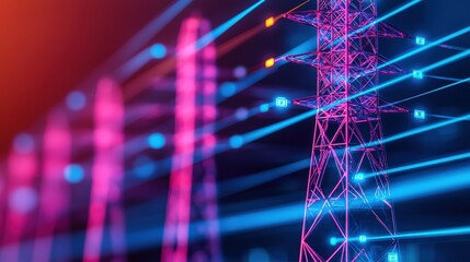 A vibrant, abstract representation of power lines with glowing light trails, emphasizing the theme of energy transmission and modern technology.