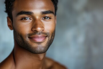 Obraz premium Close-up portrait of a handsome man with a gentle smile, showcasing his dark eyes and beard.