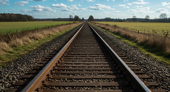 Train Tracks Stretching Into the Distance Under a Blue Cloudy Sky