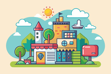 Fototapeta premium This vibrant illustration showcases various customizable semi-flat buildings surrounded by trees and clouds, Measure Customizable Semi Flat Illustration