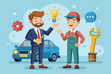 A mechanic provides valuable maintenance advice to a customer in a friendly exchange about vehicles, Mechanic professional giving maintenance idea to businessman