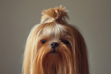Naklejka premium Portrait of a cute dog with long brown hair on a neutral background