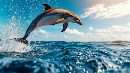 Fototapeta premium Wild dolphin jumping above ocean waves on a sunny day