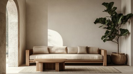 This minimalistic living room, featuring a cozy wooden couch, a modern table, an indoor plant, and other elegant furniture, creates a warm and inviting atmosphere that is perfect for both entertainin