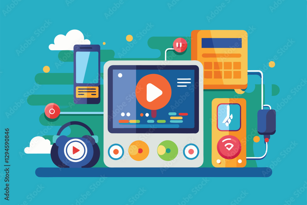 Poster a colorful illustration depicting a customizable media player surrounded by various devices and cont