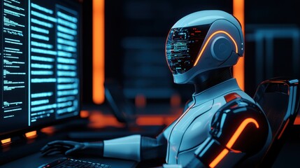 A futuristic robot with glowing elements is coding in a dark, tech-inspired environment illuminated by neon lights.