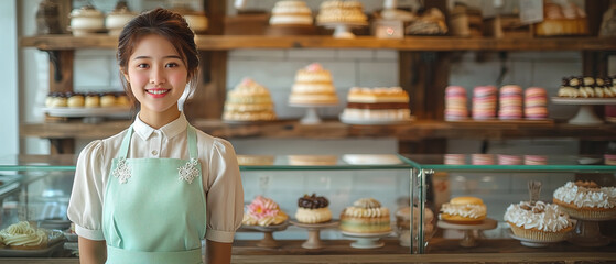 A Charming Patisserie Concept: A cozy bakery scene with rustic wooden shelves filled with artisanal cakes and macarons, featuring a graceful Asian waitress in a mint-green uniform, leaving copy space 