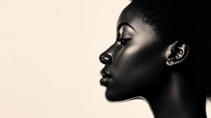 Obraz premium Close up shot of a black woman or woman's profile in black and white shades on a light background
