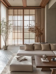 Fototapeta premium A contemporary living room is tastefully decorated and furnished