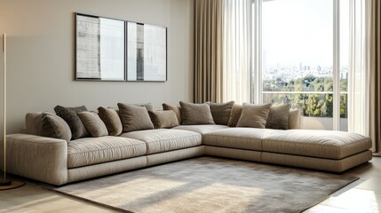 Fototapeta premium Corner sofa in modern interior design room in beige colors
