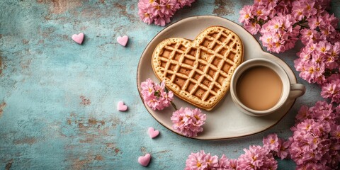 Heart-shaped waffle and coffee surrounded by pink flowers on a rustic table