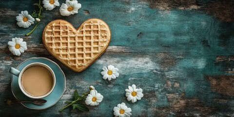Heart-shaped waffle and coffee cup with daisies on rustic wood background create a cozy breakfast vibe