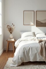 Serene Bedroom Interior Design Featuring Minimalist Decor, Soft Bedding, and Natural Light