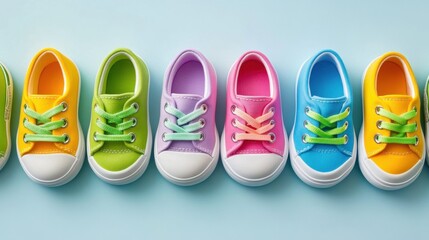 Colorful baby shoes with green laces arranged in a row