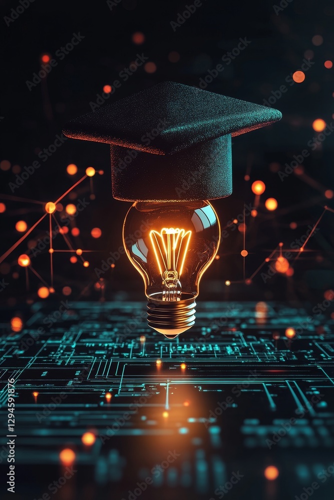 Poster lightbulb and mortarboard representing learning and technology.