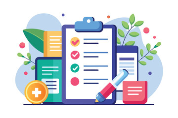 The illustration shows a colorful, customizable medical prescription with a pen on a light background, Medical prescription Customizable Semi Flat Illustration