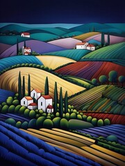 Landscape with houses and cypress trees: a modern interpretation of a rural landscape using bright colors.