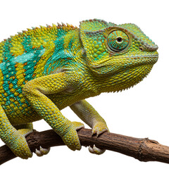 Obraz premium Vibrant Chameleon on Branch, Isolated on White