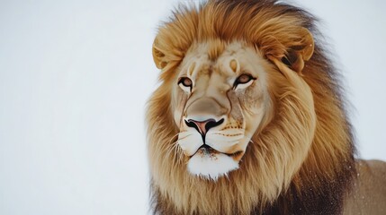 A close-up shot of a majestic lion with a golden mane, isolated against a clean white background.