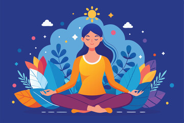 A woman sits cross-legged in meditation, finding psychological stability amidst colorful leaves and plants, Meditation, psychological stability,