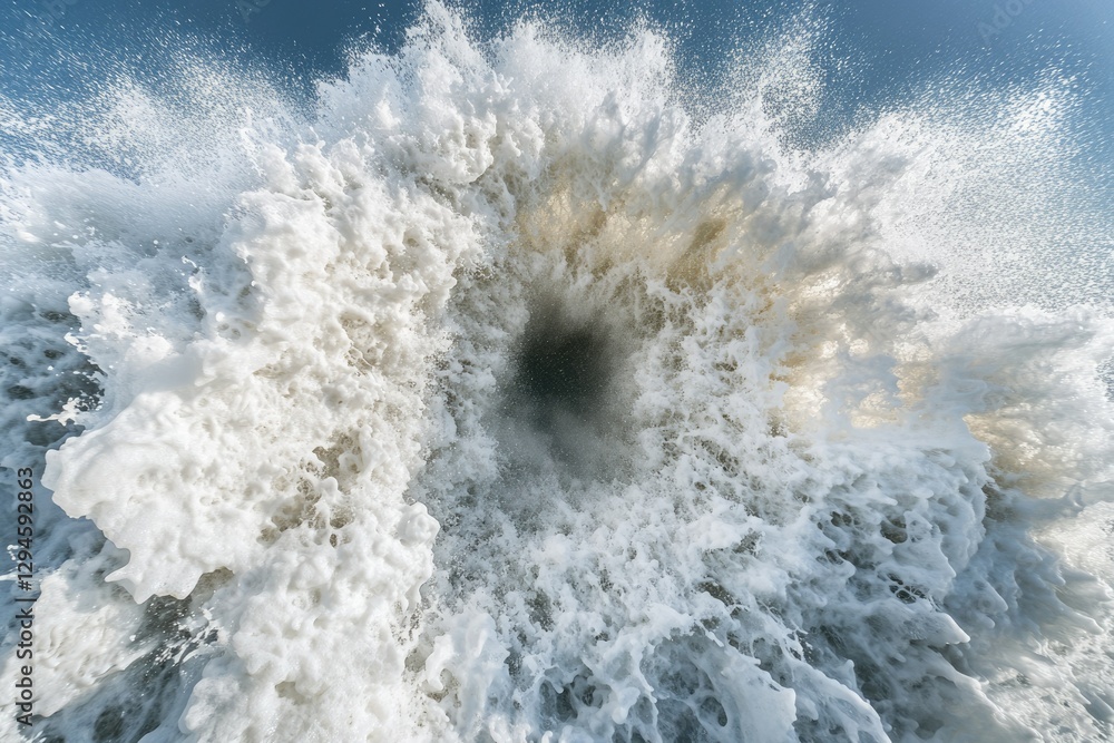 Poster a mesmerizing view of a wave crashing, creating a frothy, white spectacle with a dark center.