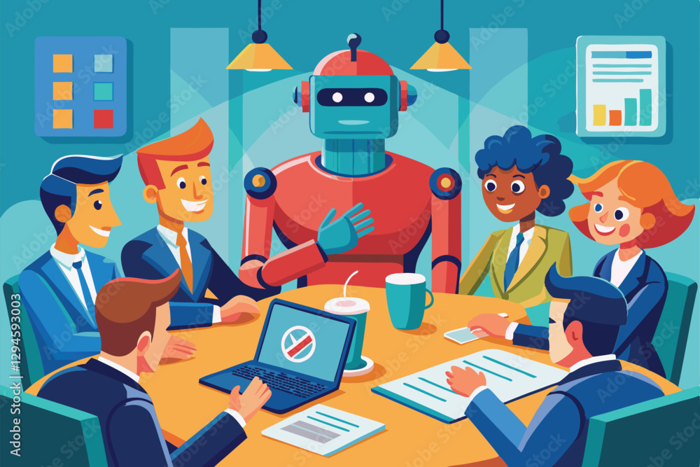 Poster a diverse group of professionals engages in a collaborative meeting with a robot, exploring new tech