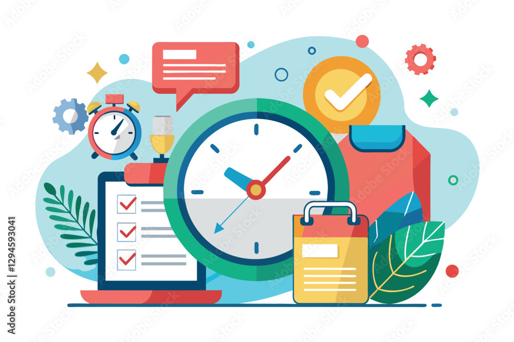Poster a laptop with a checklist and clock illustrates effective task management and time tracking methods,