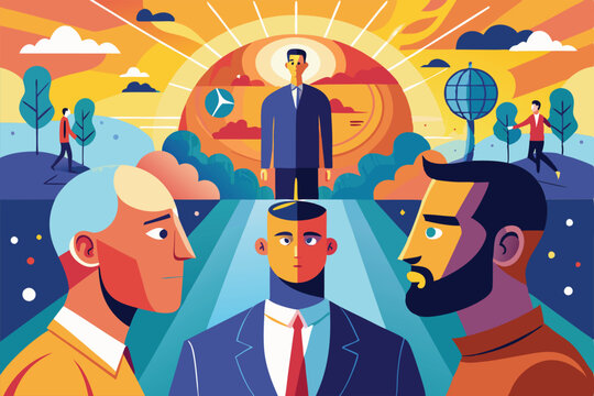 Individuals engage in a visual journey to connect with their unconscious self during a serene sunset, Meeting with unconscious part of self concept,