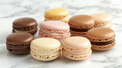 Obraz premium Colorful macarons in various flavors displayed beautifully on a light background