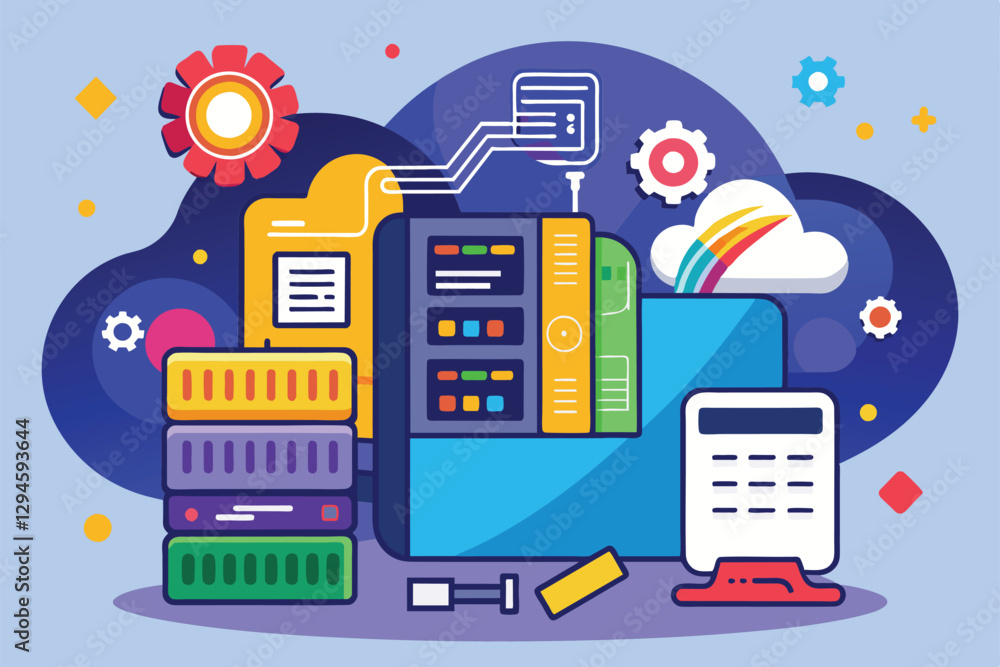 Poster a vibrant digital workspace showcases various customizable memory storage units and devices interact