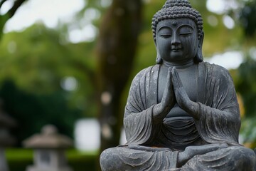 Serene Buddha Statue in Contemplation Amidst Lush Greenery, Symbolizing Peace and Meditation