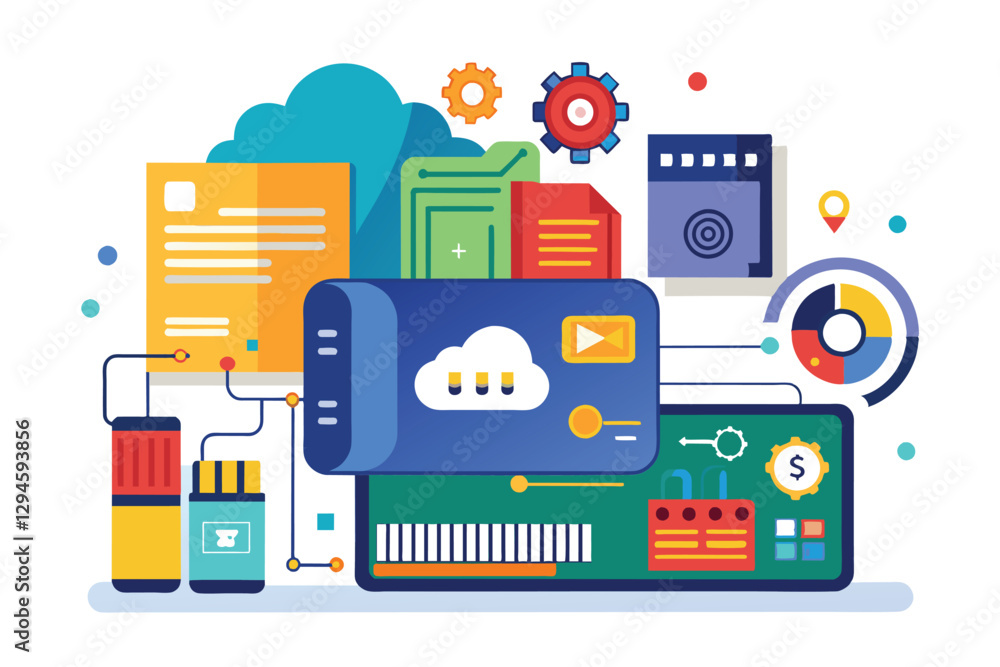 Poster this illustration showcases various customizable memory storage solutions illustrating data manageme