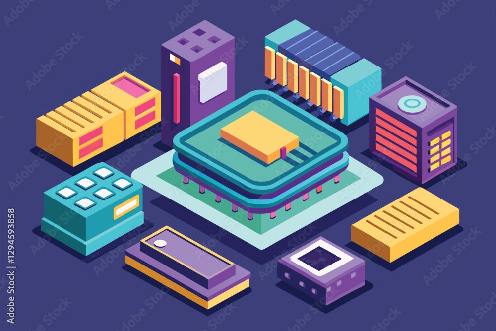 Poster an isometric illustration shows a customizable memory storage setup featuring various tech component