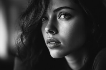 Striking black and white portrait of a young woman with elegant, wavy hair, gazing thoughtfully into the distance, captured in a h