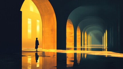 Fototapeta premium Silhouette of Person Walking in a Yellow Lit Archway